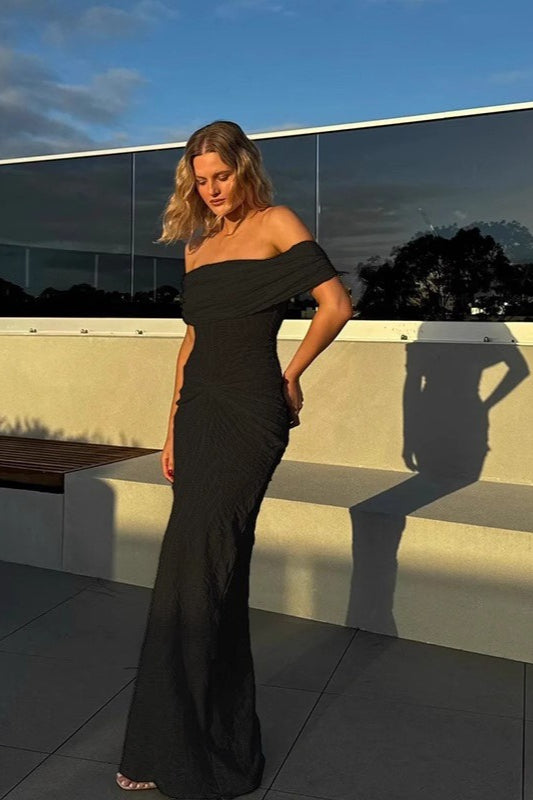 Simple Elegant Fold Over Off Shoulder Pleated Sheath Boho Dress