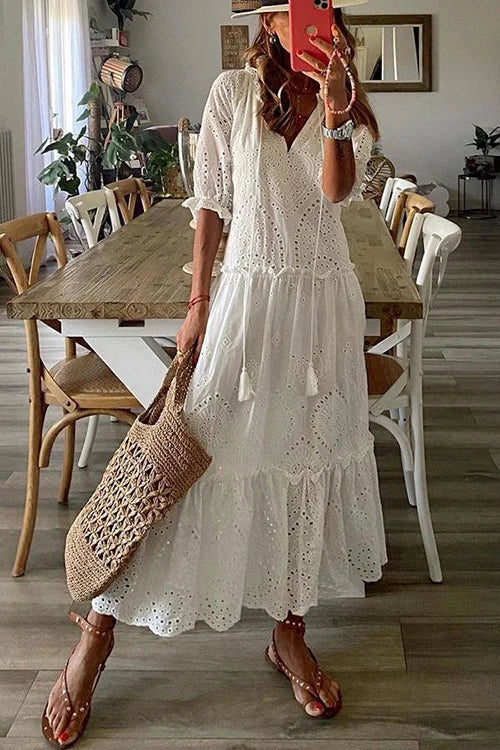 Deep V-Neck Puff Sleeve Tiered Eyelet Lace Scalloped Hem Maxi Dress