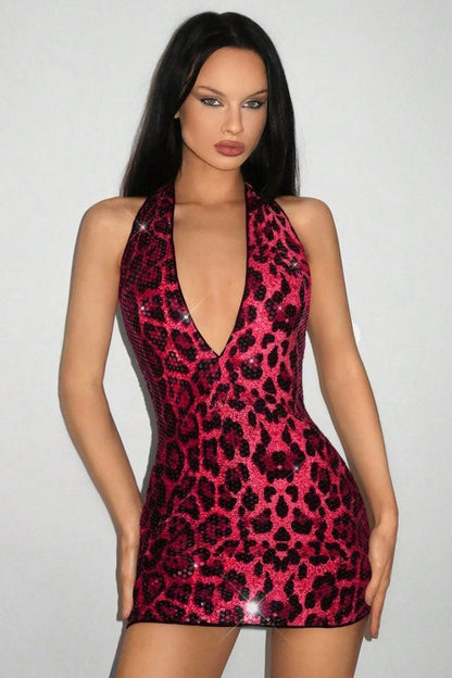 Deep V Neck Sequin Print Halter Bodycon Mini Dress