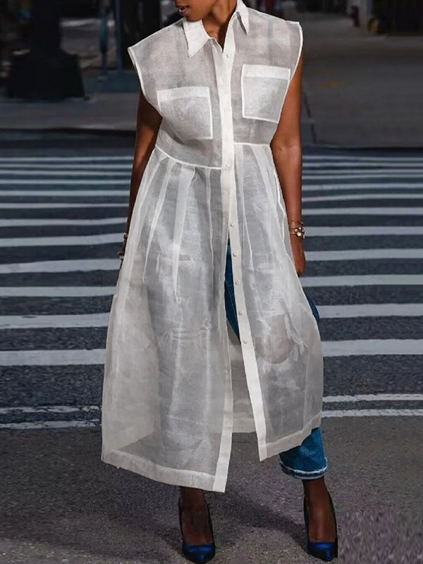 Collared Button Front Pocket Flap Sheer Pleated Tunic Dress