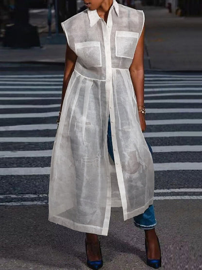 Collared Button Front Pocket Flap Sheer Pleated Tunic Dress