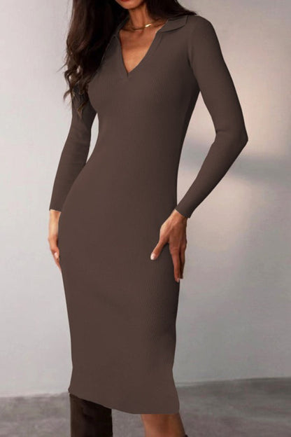 Polo Collar Ribbed Knit Deep V-Neck Long Sleeve Bodycon Midi Dress