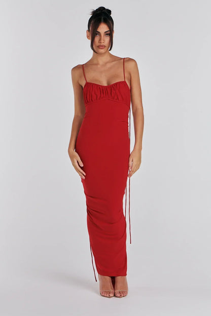 Tie Shoulder Deep V Back Ruched Bodycon Maxi Dress