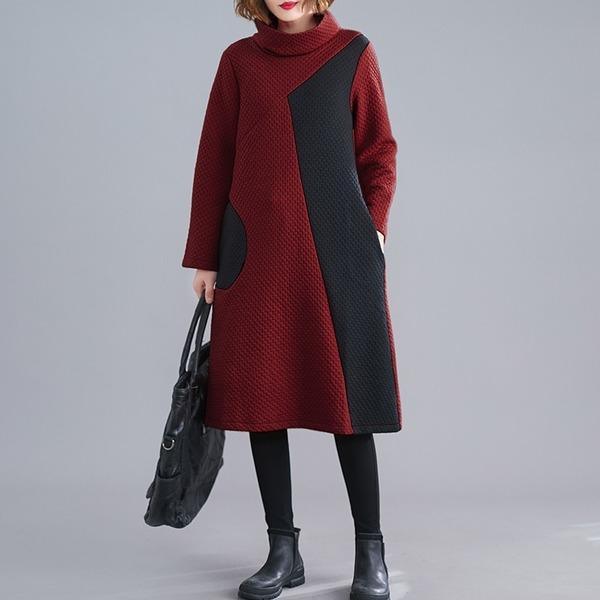 Quilted Cowl Neck Panel Block Long Sleeve Tunic Dress