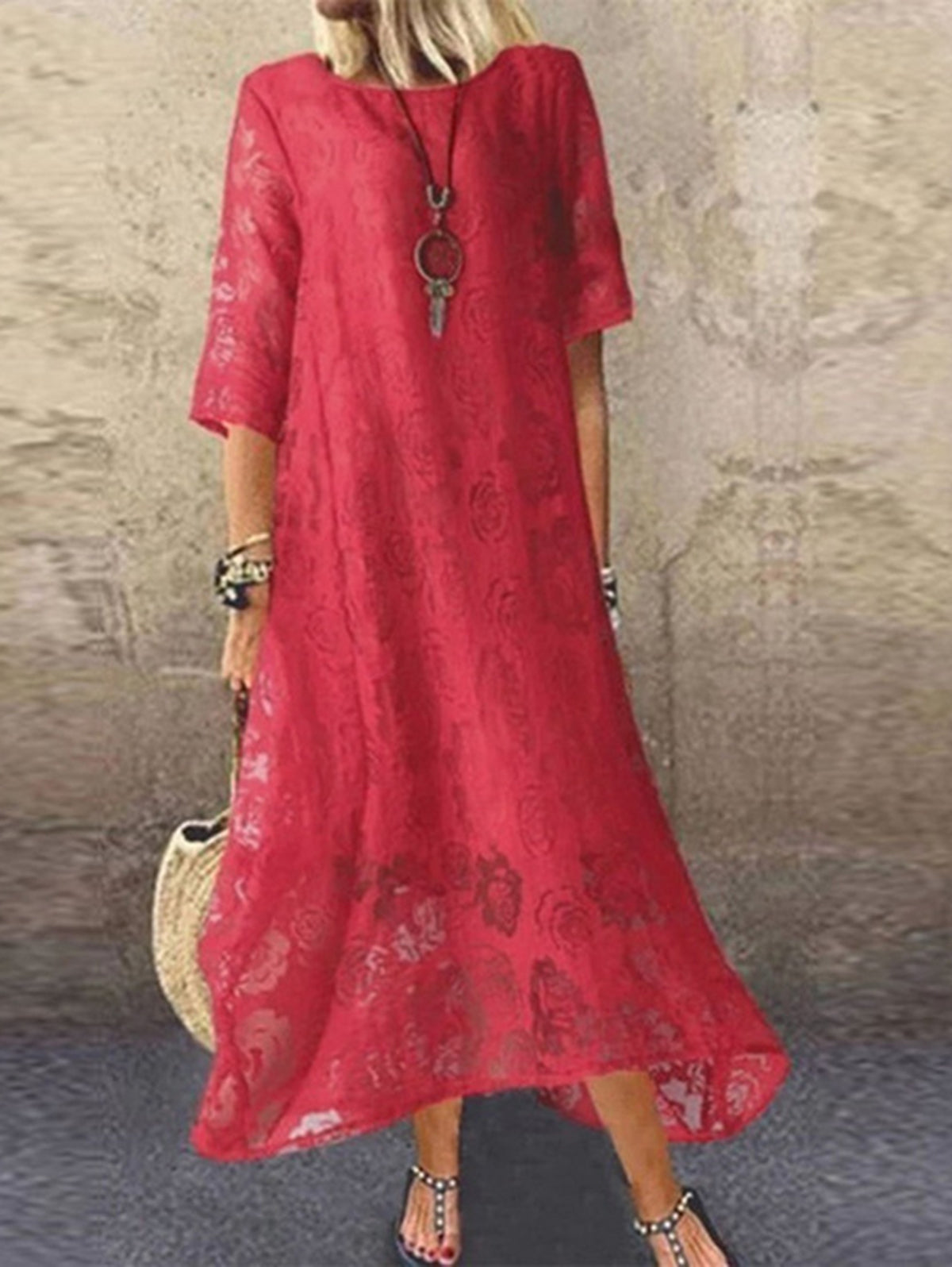 Round Neck Half Sleeve Floral Jacquard Overlay Sheer Maxi Dress