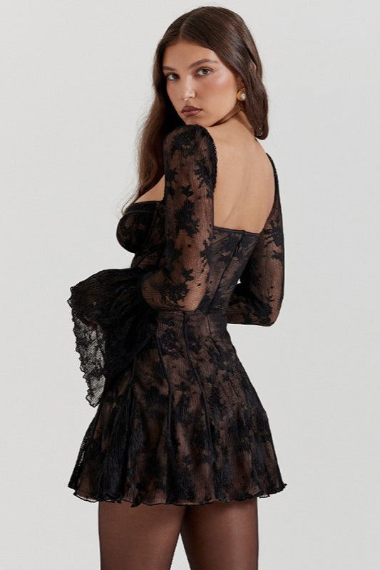 Floral Lace Square Neck Bell Sleeve Bustier Tie Front Mini Dress