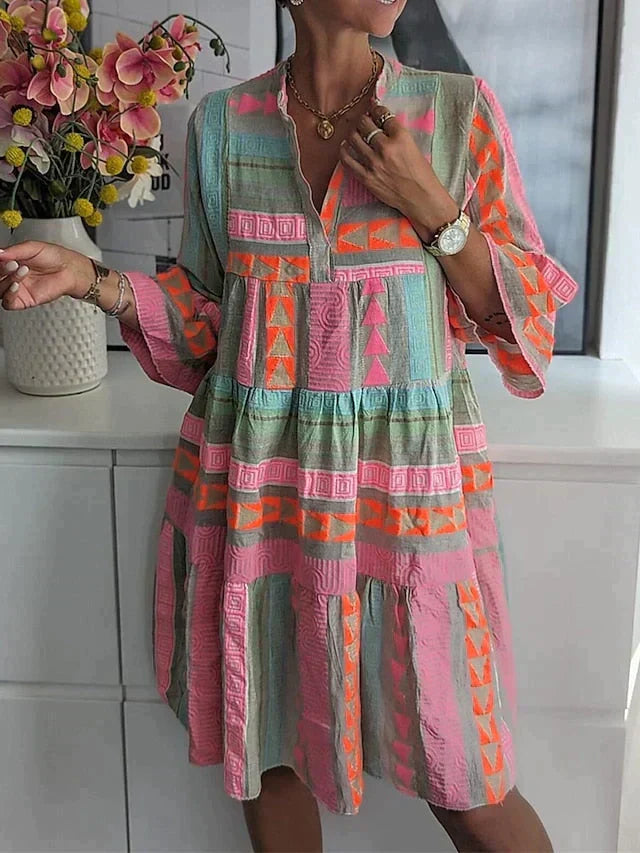 Mandarin Collar Tiered Bell Sleeve Geometric Print Mini Dress