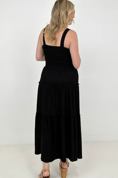 Square Neck Smocked Bodice Tiered Ruffle Maxi Dress