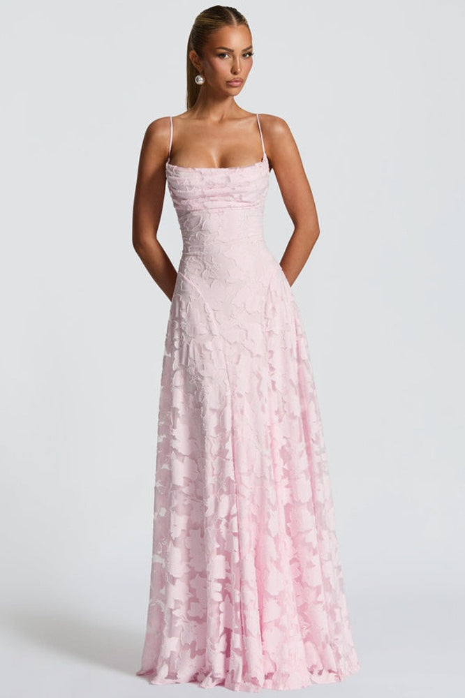 Square Neck Spaghetti Strap Ruched Burnout Floral Lace Maxi Dress