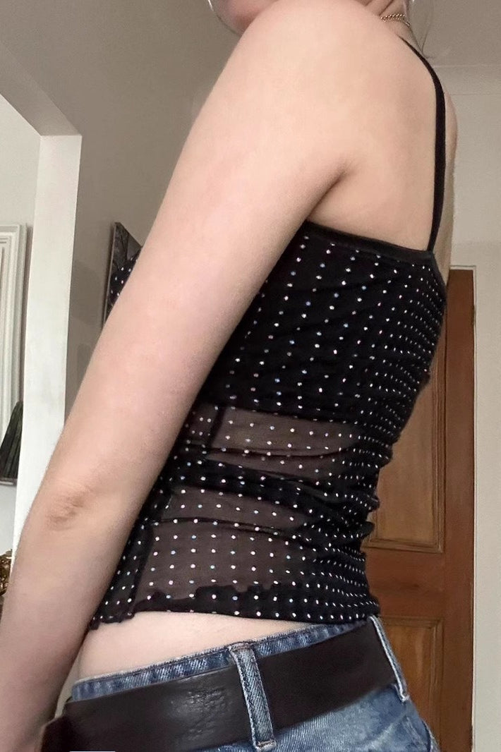 Sheer Polka Dot V-Neck Halter Cami Crop Top