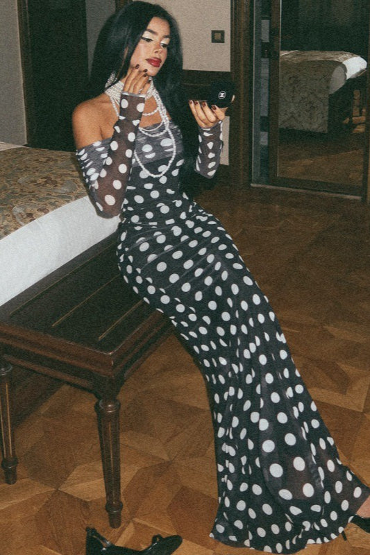 Off-Shoulder Long Sleeve Mesh Ruched Polka Dot Maxi Dress