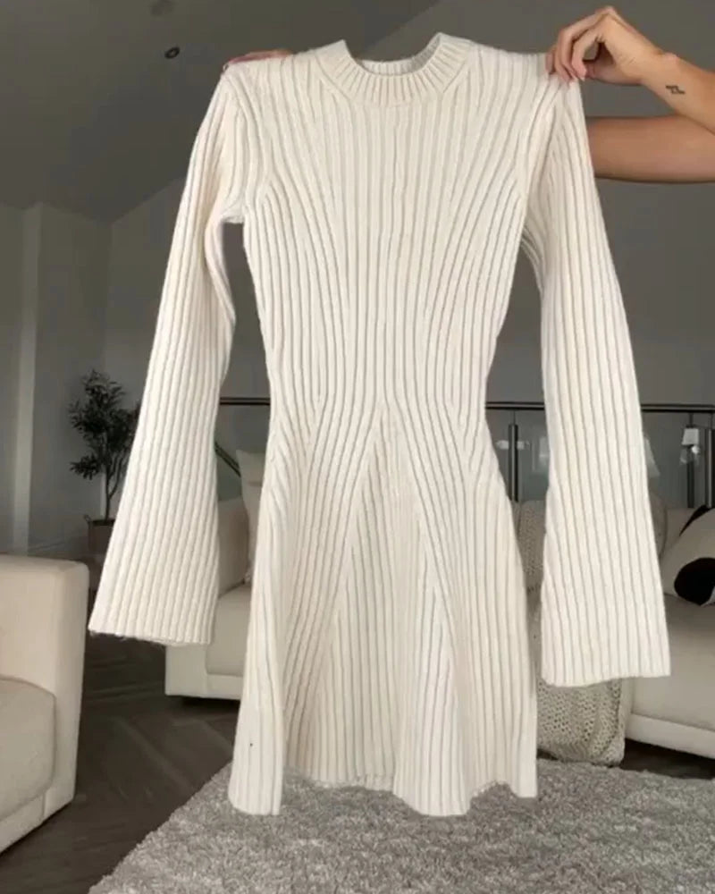 Mock Neck Rib Knit Bell Sleeve Fit and Flare Mini Dress