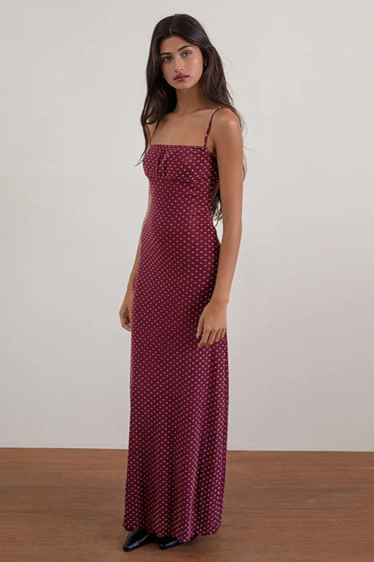 Burgundy Backless Polka Dot Cami Maxi Dress
