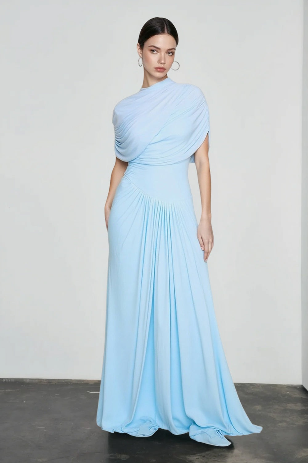 Cowl Neck Side Drape Pleated Column Maxi Dress