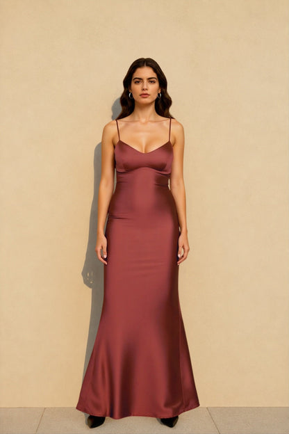 Spaghetti Strap Deep Scoop Neck Satin Bodycon Midi Dress