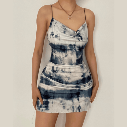 Cowl Neck Spaghetti Strap Tie Dye Side Ruched Bodycon Mini Dress