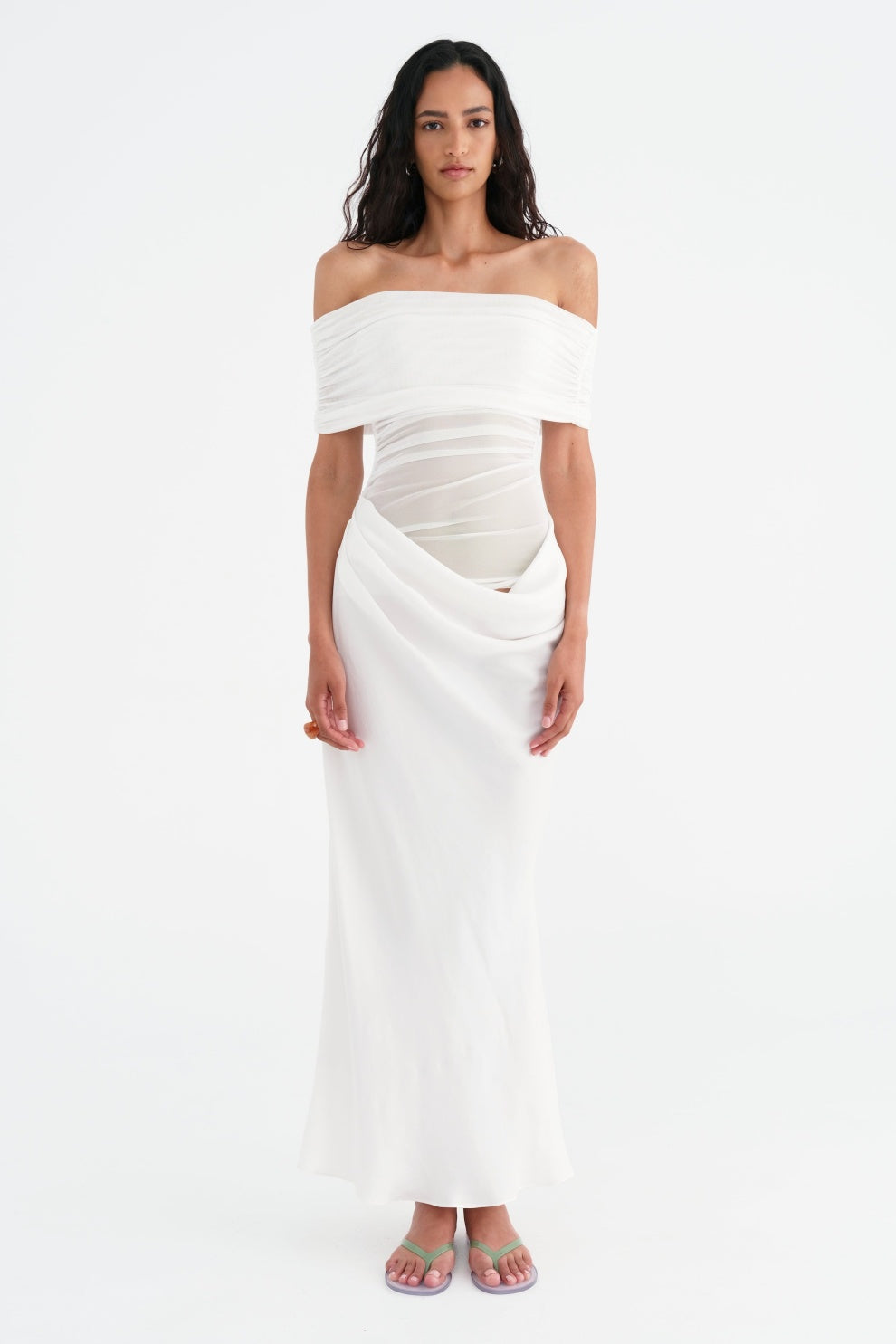 Off Shoulder Ruched Draped Mesh Panel Asymmetric Maxi Gown