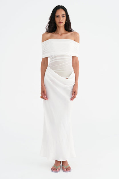 Off Shoulder Ruched Draped Mesh Panel Asymmetric Maxi Gown