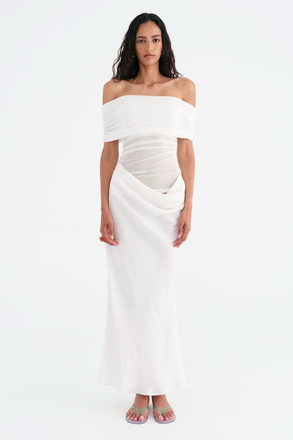Off Shoulder Sheer Ruched Panel Draped Waist Maxi Gown