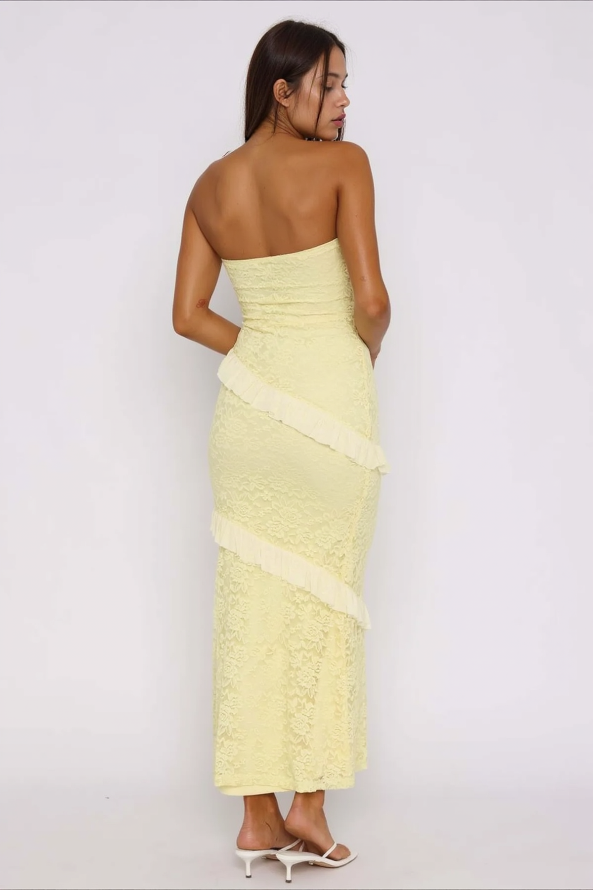 Strapless Diagonal Ruffle Overlay Floral Lace Bodycon Midi Dress