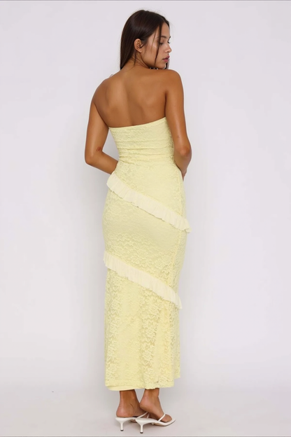 Strapless Diagonal Ruffle Overlay Floral Lace Bodycon Midi Dress