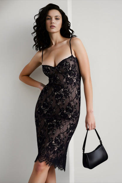 Sweetheart Lace Spaghetti Strap Eyelash Hem Midi Dress