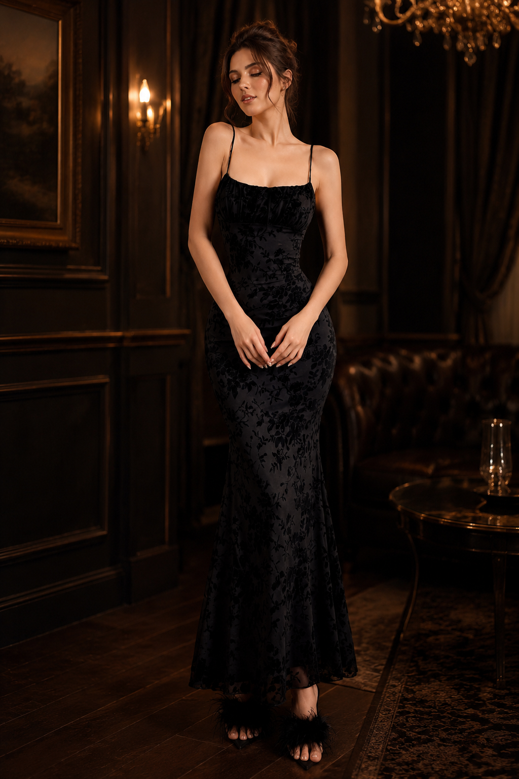 Square Neck Spaghetti Strap Burnout Floral Velvet Column Maxi Gown