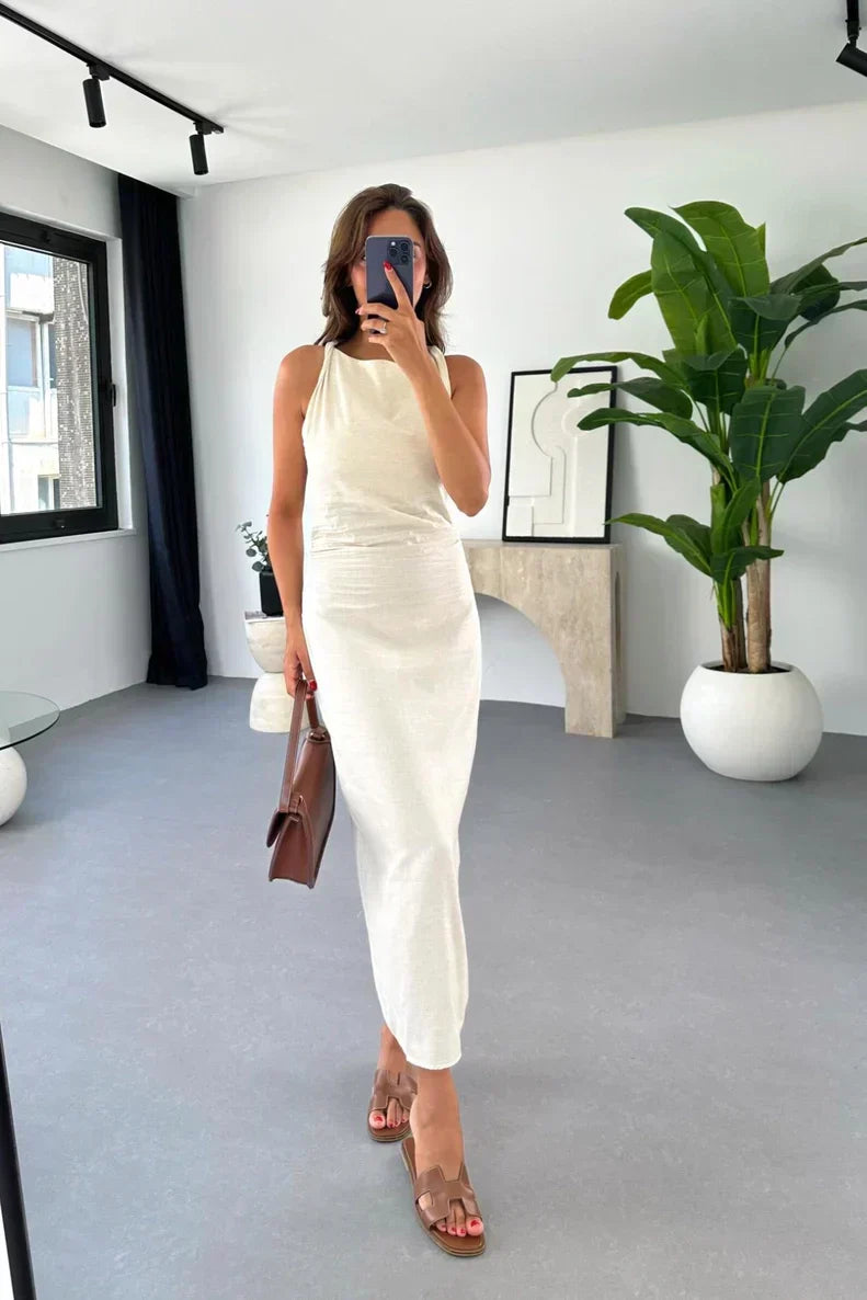 Boat Neck Sleeveless Straight Silhouette Midi Dress