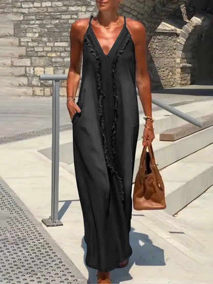 Deep V Neck Spaghetti Strap Frayed Trim Side Pocket Maxi Dress