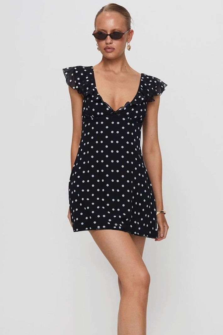 Black Polka Dot Mesh A-Line Mini Dress