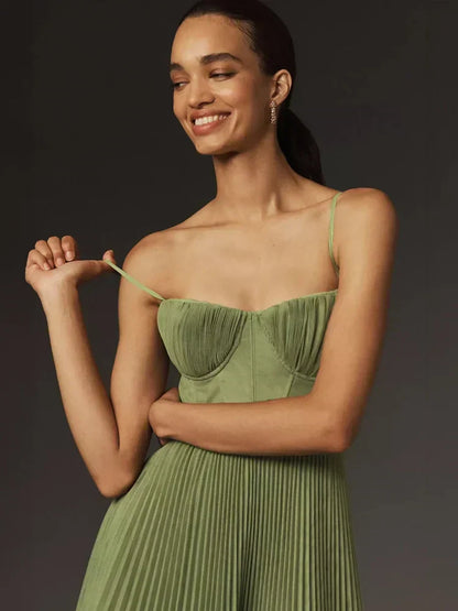 Sweetheart Corset Bodice Spaghetti Strap Accordion Pleated Tulle Midi Dress