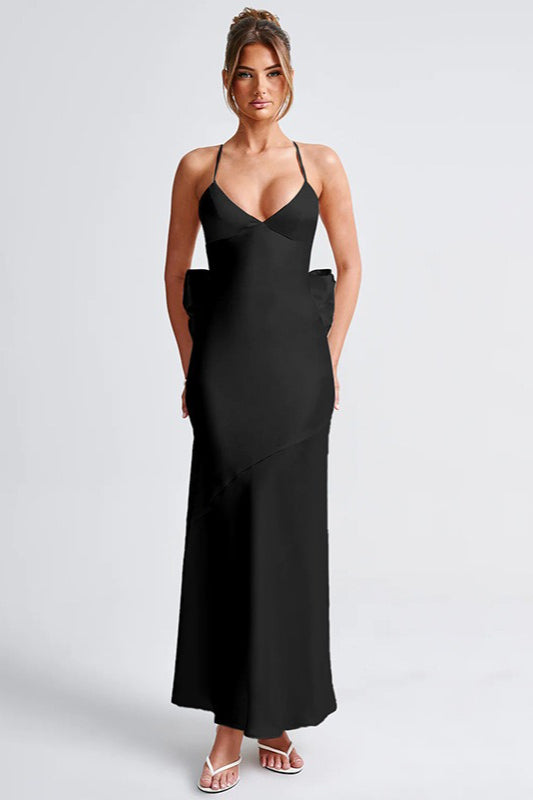 Satin Maxi Dress with Bow Detail Silk Dress