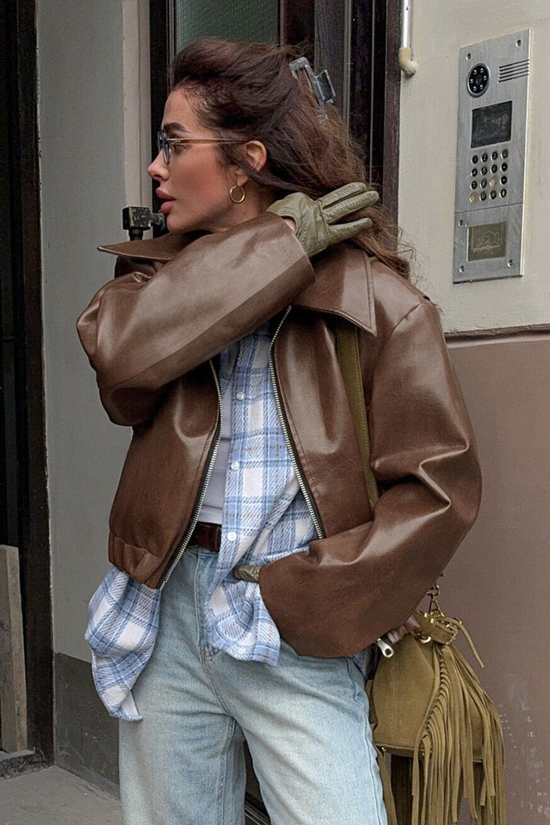 Cropped Faux-Leather Zip Moto Jacket