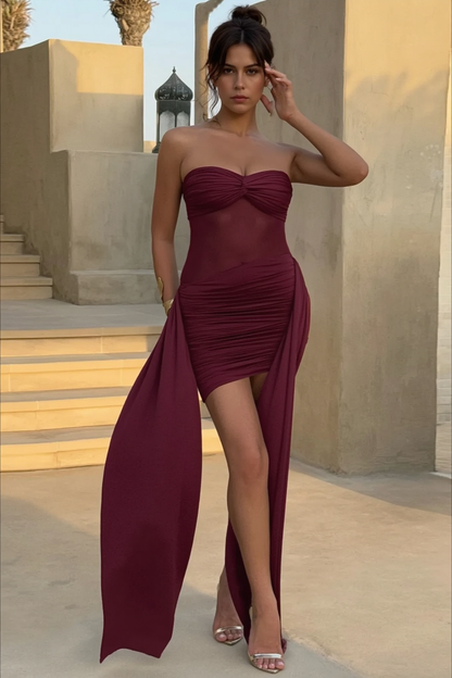 Strapless Mesh Panel Ruched Floor Sash Mini Dress