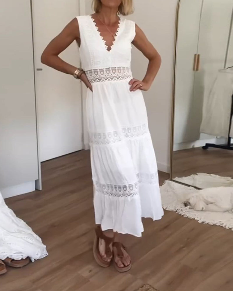 Deep V Neck Scalloped Lace Trim Tiered Crochet Insert Midi Dress