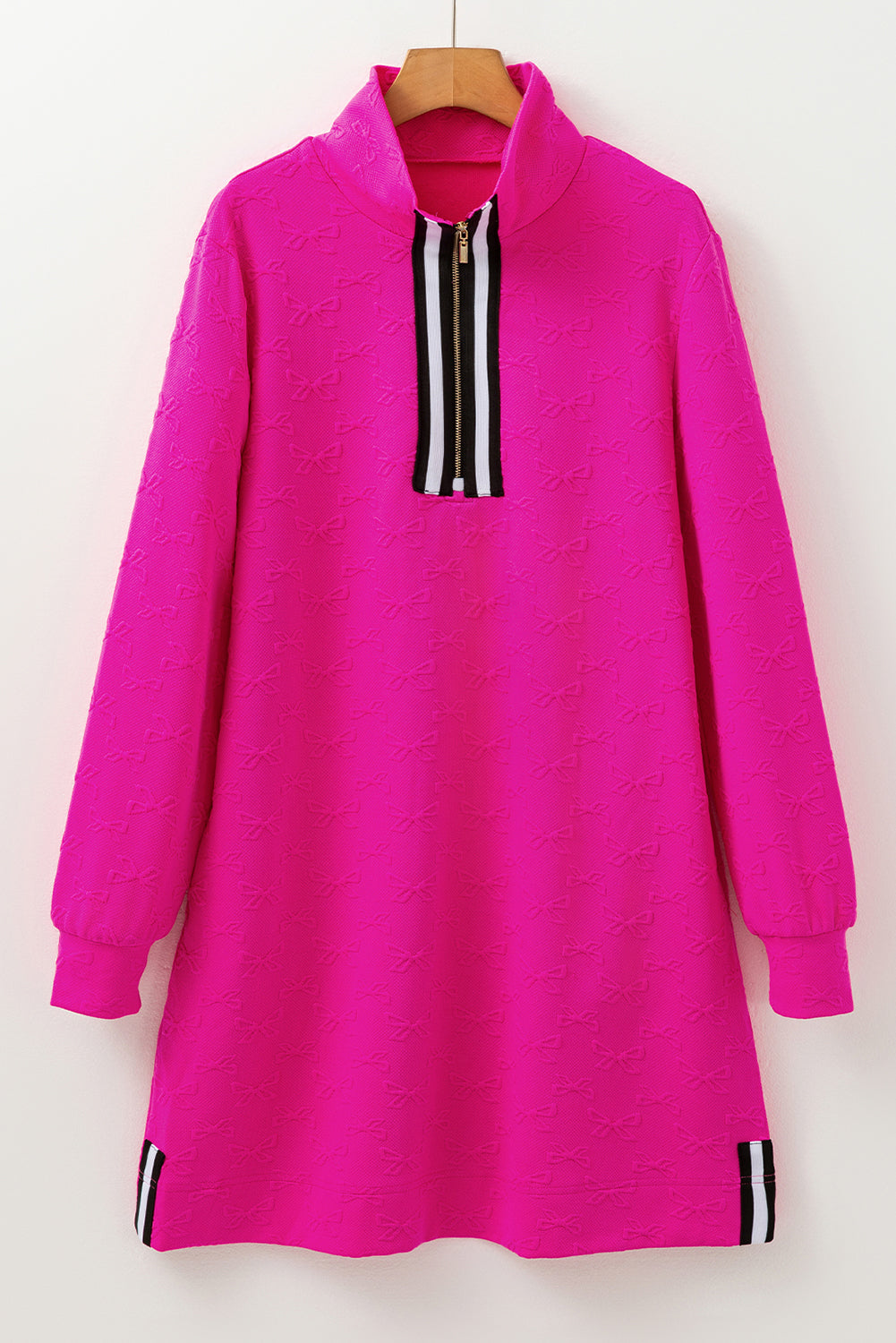 Jacquard Bow Texture Quarter Zip Long Sleeve Mini Dress
