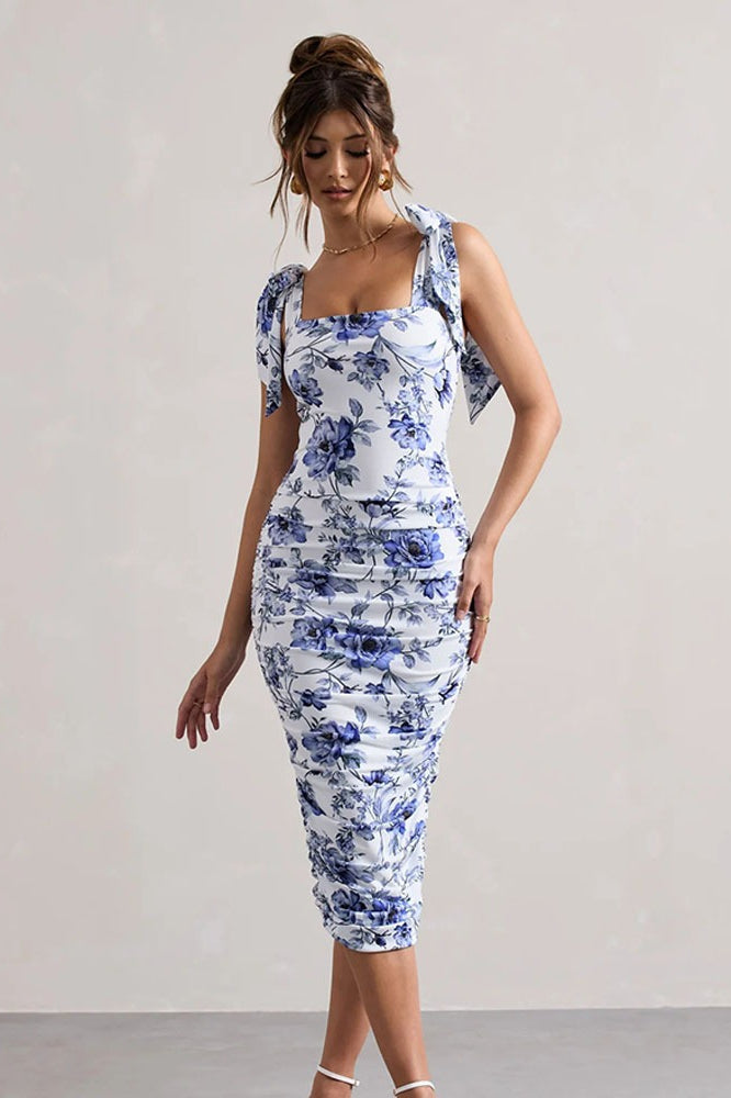 Vintage Print Ruched Midi Dress