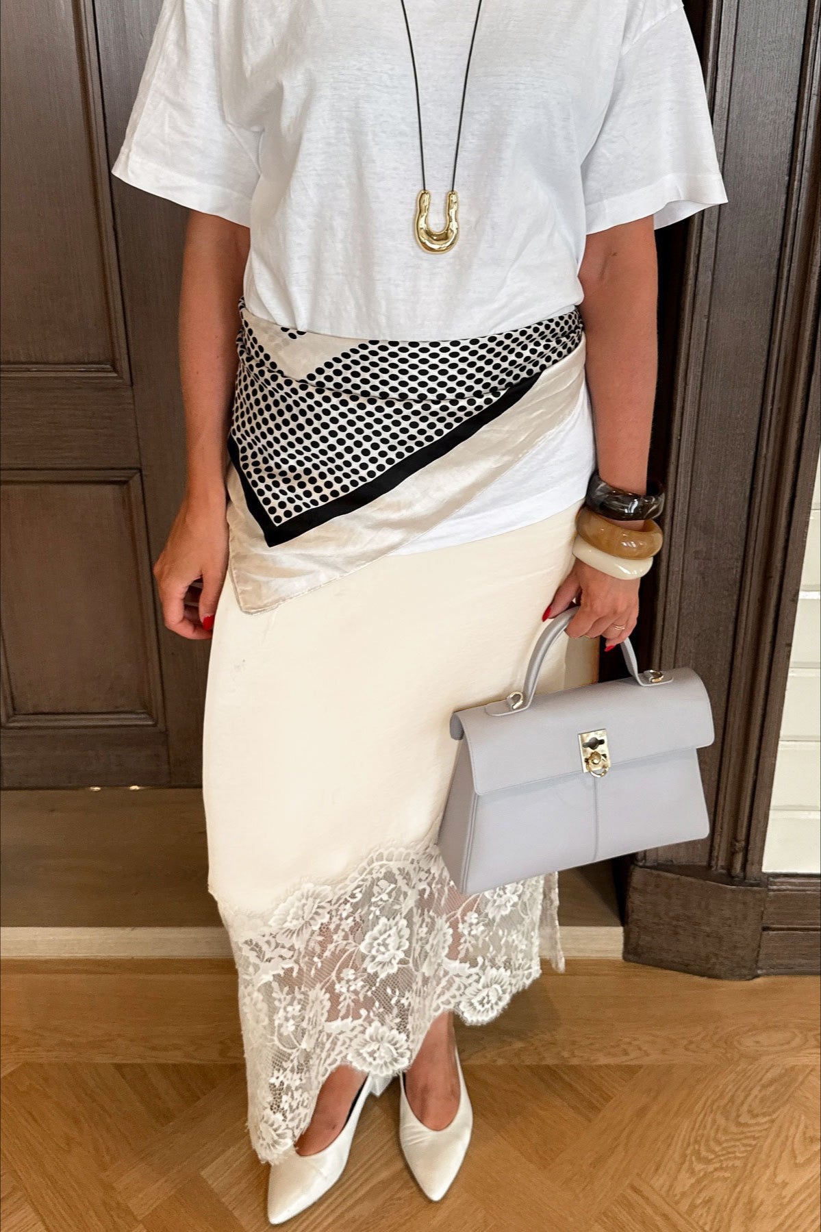Asymmetric Lace-Panel Midi Skirt