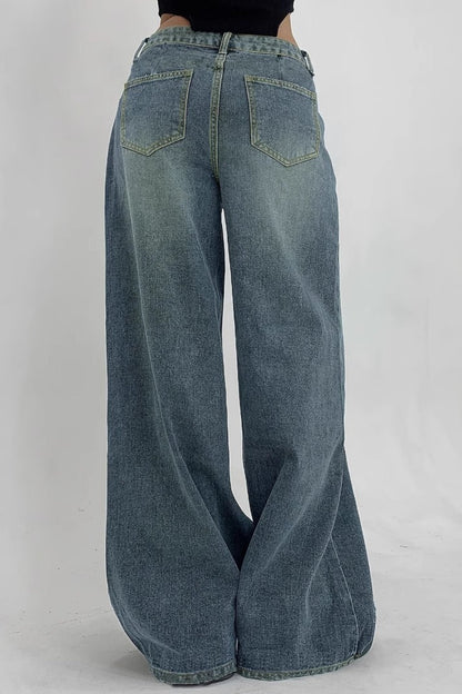 Distressed Wide Leg Floor Length Jeans