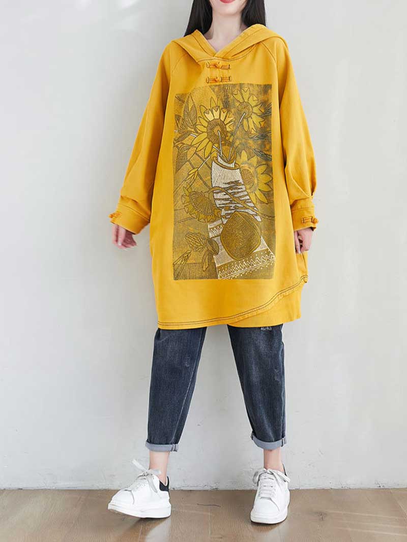 Frog Button Hood Sunflower Print Oversized Sweatshirt Dress