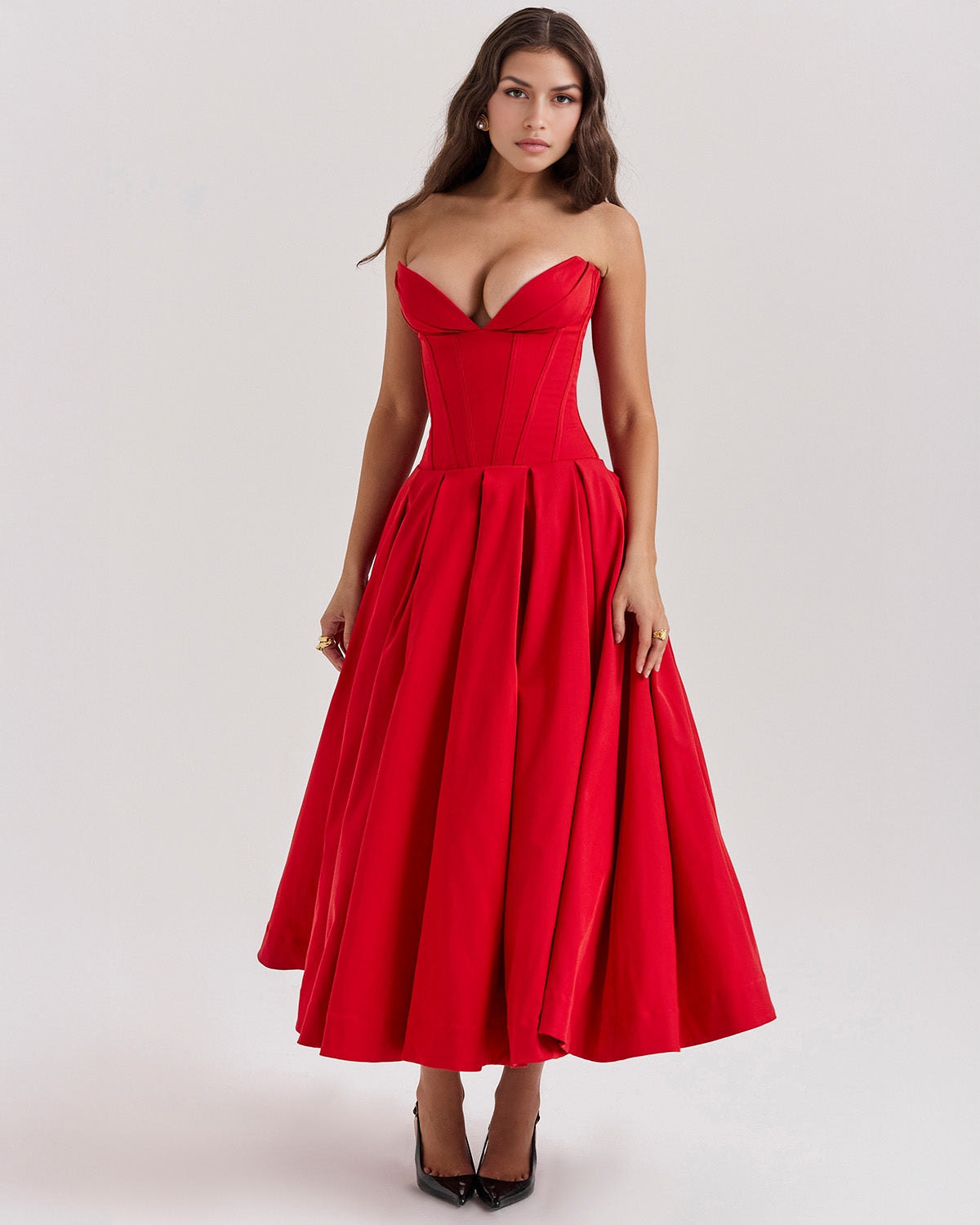 Strapless Corset Sweetheart Neckline Box Pleat A-Line Midi Dress
