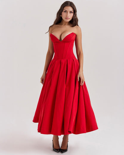 Strapless Corset Sweetheart Neckline Box Pleat A-Line Midi Dress