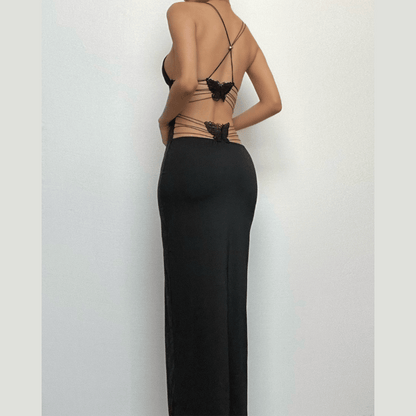 Butterfly Applique Criss Cross Strap Backless Printed Bodycon Maxi Dress