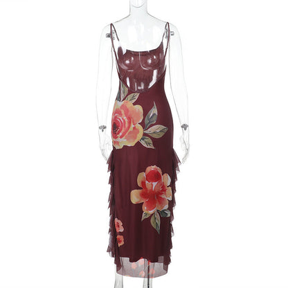 Spaghetti Strap Scoop Neck Side Ruffle Trim Floral Maxi Dress