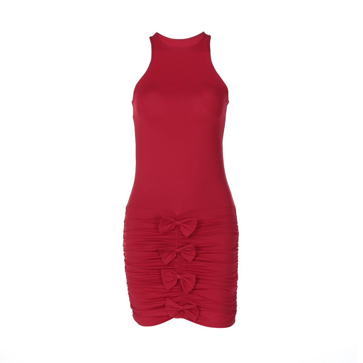 Halter Neck Ruched Bow Front Bodycon Mini Dress