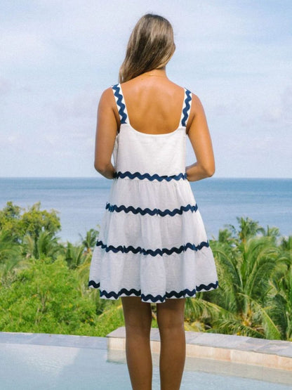 Square Neck Tiered Ric Rac Trim A-Line Babydoll Mini Dress