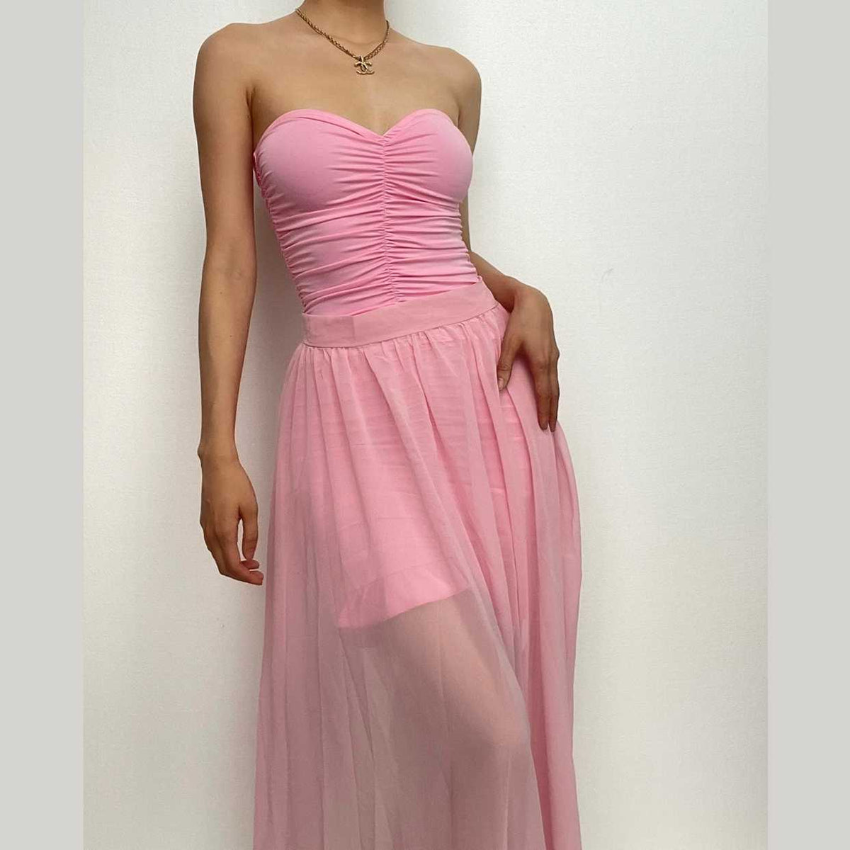 Strapless Sweetheart Ruched Tube Top Sheer Overlay Maxi Skirt Set