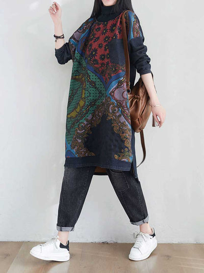High Neck Long Sleeve Sweater Midi Dress