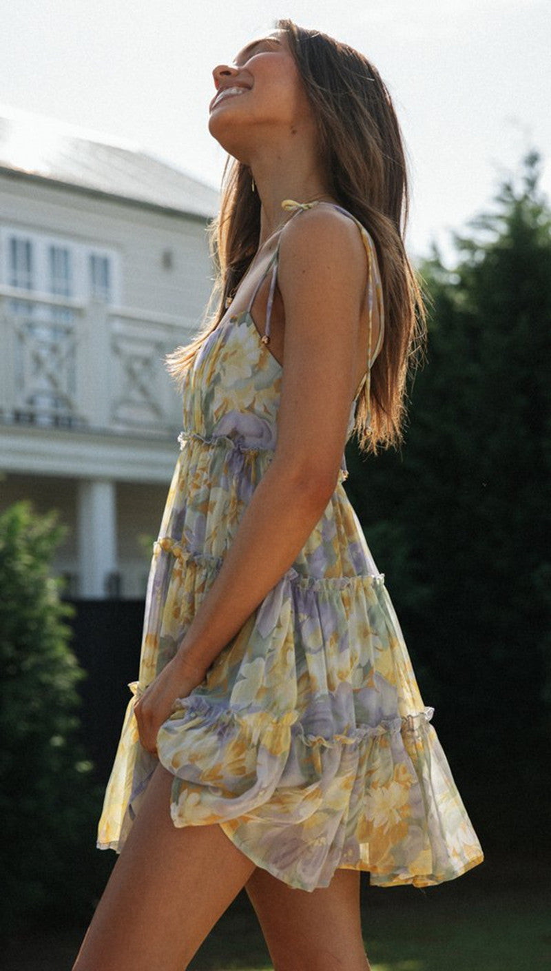 Square Neck Tie-Shoulder Spaghetti Strap Empire Waist Tiered Floral Mini Dress