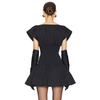 Boat Neck Cap Sleeve Fit and Flare Pleated Skater Mini Dress